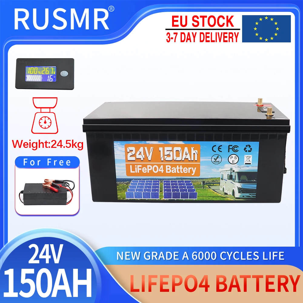 

24V 100Ah 150AH LiFePO4 Battery Built-in BMS Lithium Iron Phosphate Cell 6000 Cycles For Golf Cart Solar RV Campers With Charger