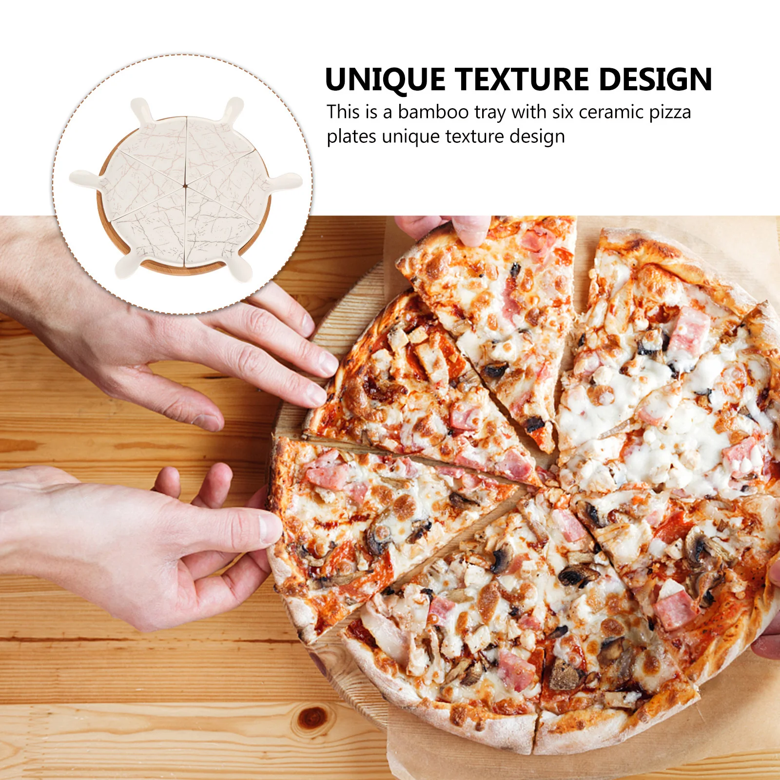 

6-Piece Triangle Ceramic Pizza Plate Set Bamboo Tray Food Serving Dessert Cake Snack Fruit Platter Pizza Plate