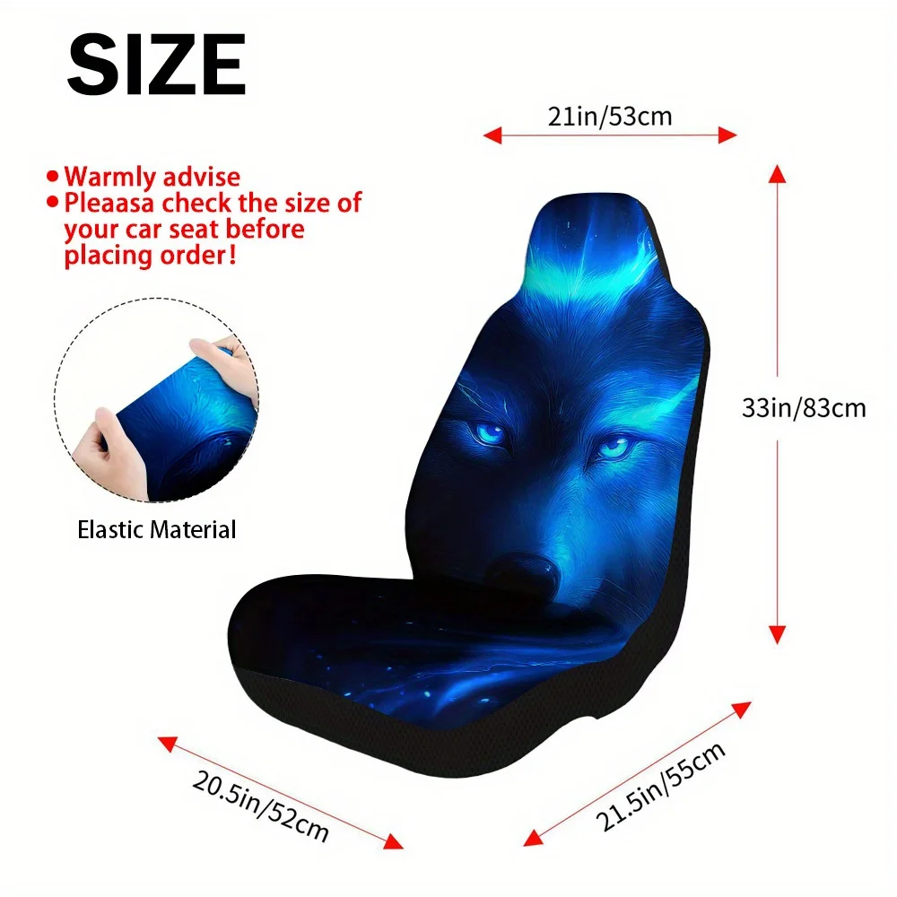 2pcs Glowing Blue Wolf Eyes Print Car Seat Covers – Fit For Most Cars, Trucks, Vans, And SUVs | Durable Front Seat Protectors |
