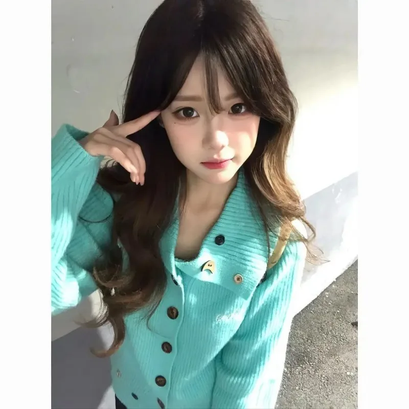 Kimotimo Blue Knit Cardigan Women 2026 Autumn Winter Long Sleeve Lapel Single Breasted Lazy Sweater Coat Casual Fashion Y2k Tops
