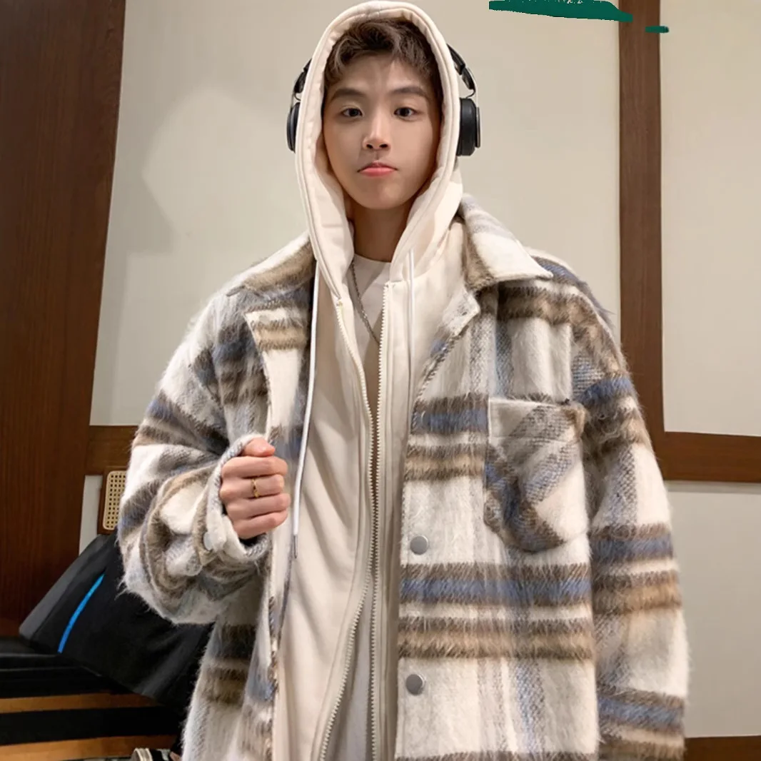 Autumn Winter Men Jacket Fashion Plaid Patchwork Hooded Man Fake Two-piece Coat Turn Down Collar Long Sleeve Male Outerwear