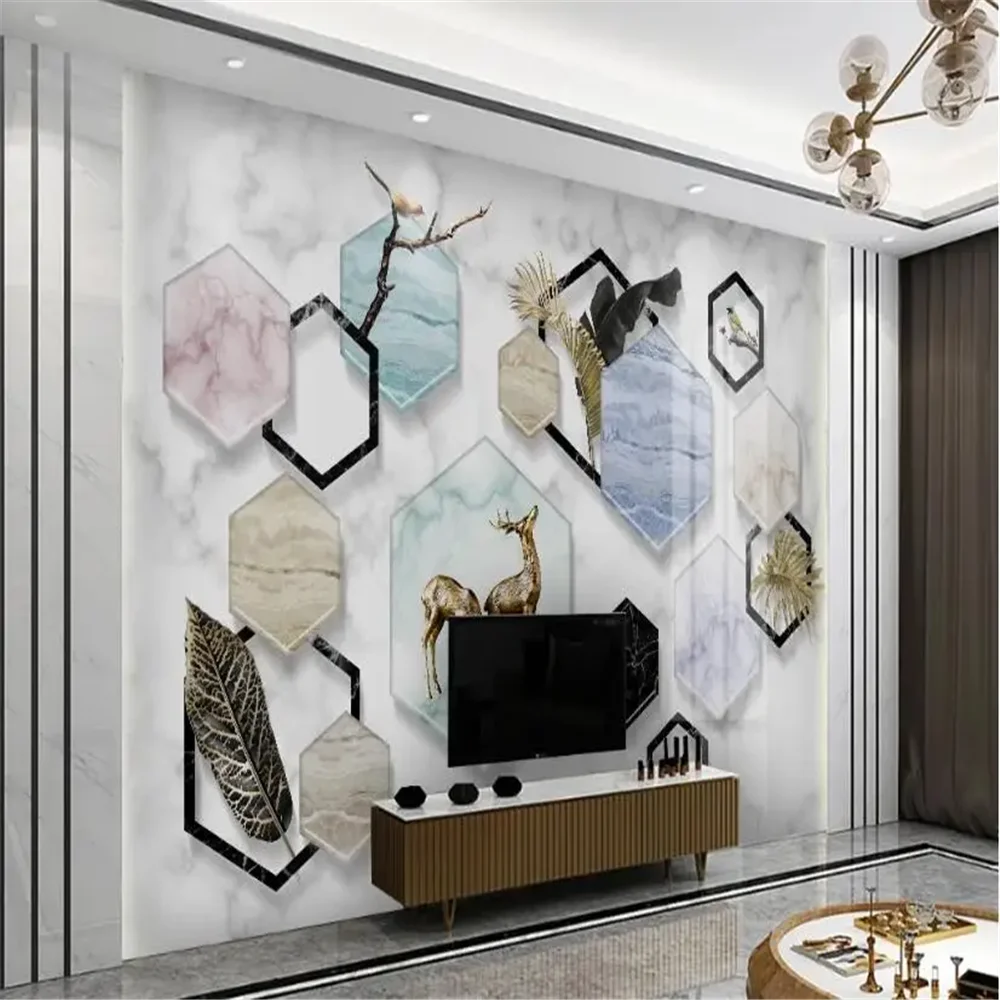 Custom 3d Marble Geometry wallpaper mural simple stone texture geometric golden leaves wallpapers roll TV background wall paper