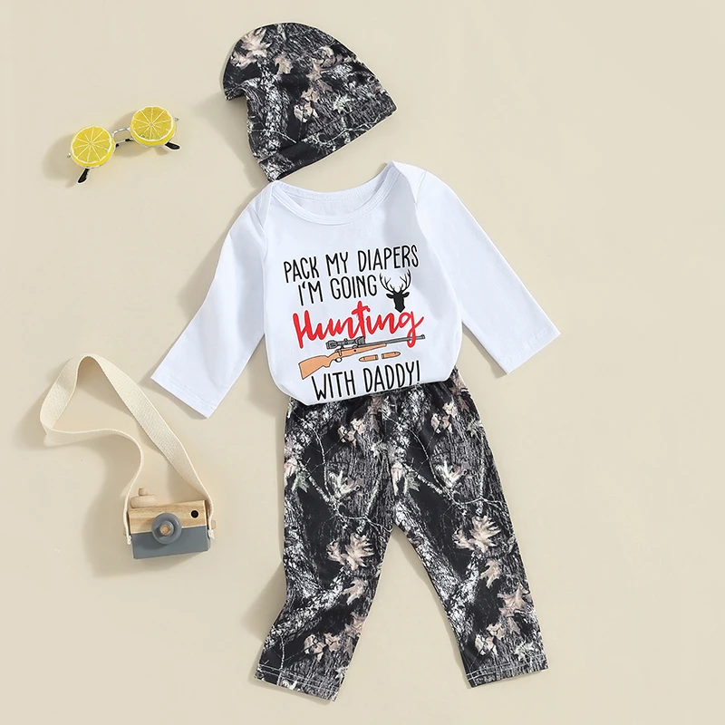 Baby Boy Jumpsuit Set Letter Print Long Sleeve Rompers and Casual Elastic Pants Hat 3 Piece Outfit Fall Clothes