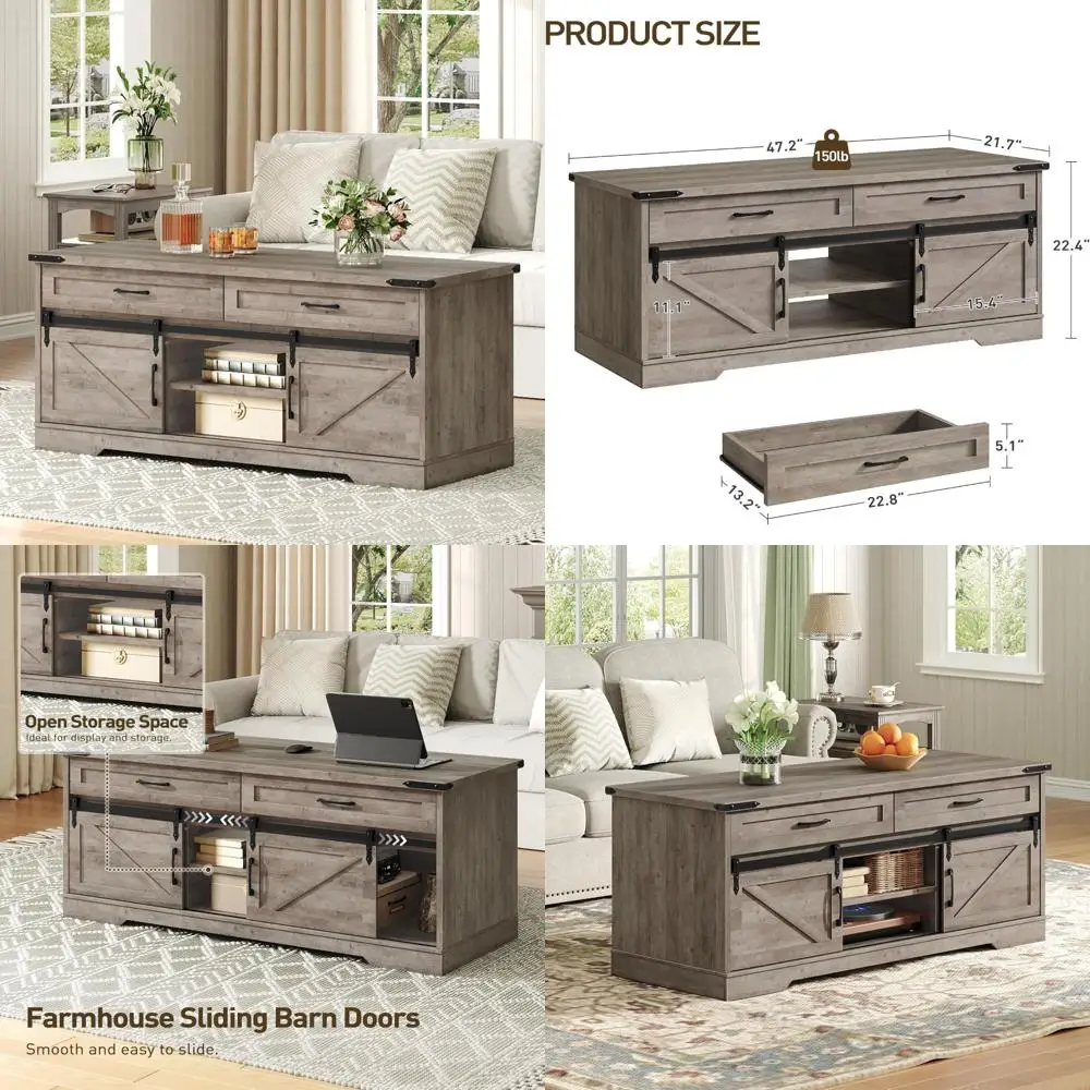 

Rustic Large Farmhouse Coffee Table with Storage, 2 Drawers, Sliding Barn Doors & Open Compartments