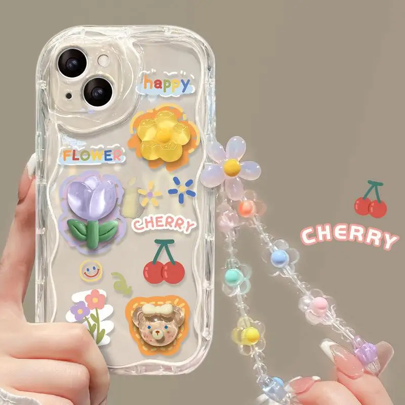 3D Cute Flower Case For Samsung Galaxy A25 A10 A11 A31 A51 A71 A21S A50 A30S A20 A30 A32 A52 A02 A02S A22 A03 J7 Wrist Chain