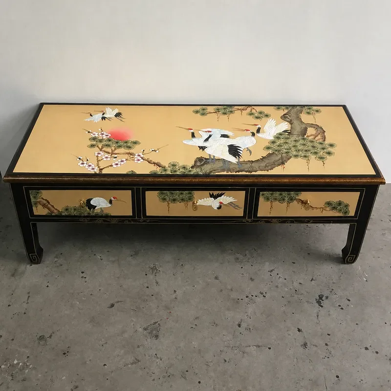 1.2m High Gold Foil Three Tier Large Coffee Table Hand Painted Songhe Yannian Ming Qing Classical Furniture Bright Baking