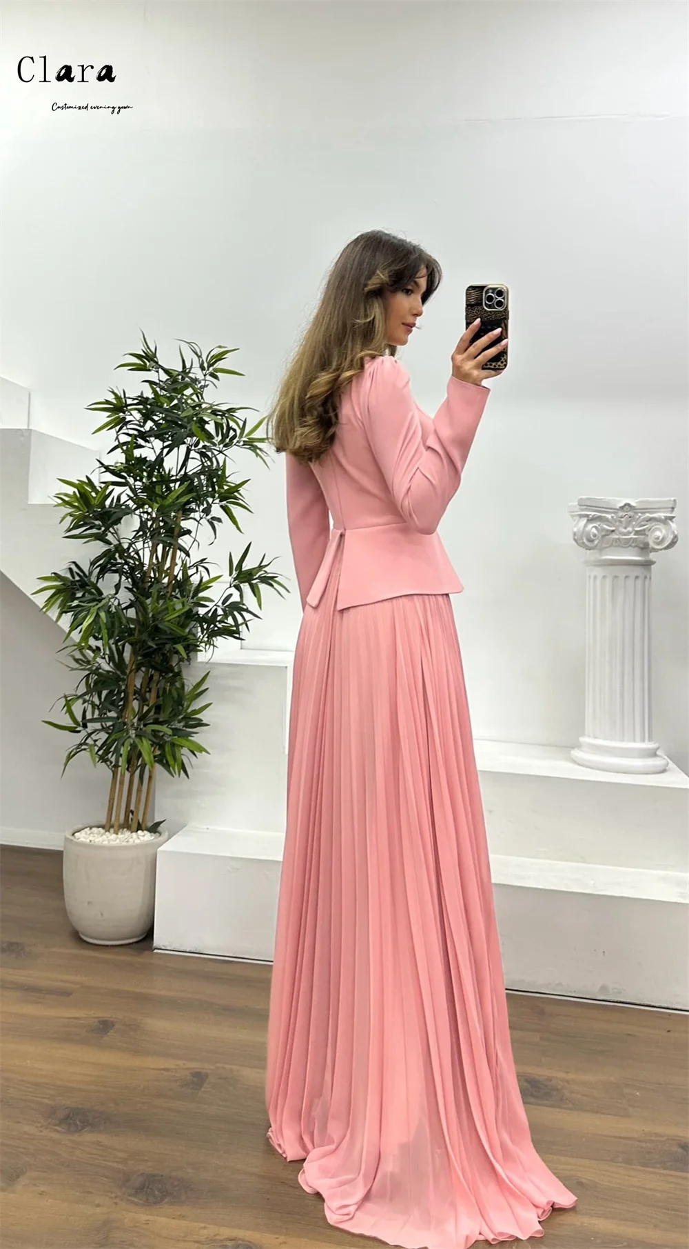 Sukienki Clara Custom, różowe, z długim rękawem, zdobione cyrkoniami, o kroju litery A, damskie sukienki na imprezy, luksusowe sukienki wieczorowe dla kobiet, eleganckie sukienki koktajlowe, kolekcja 2025.