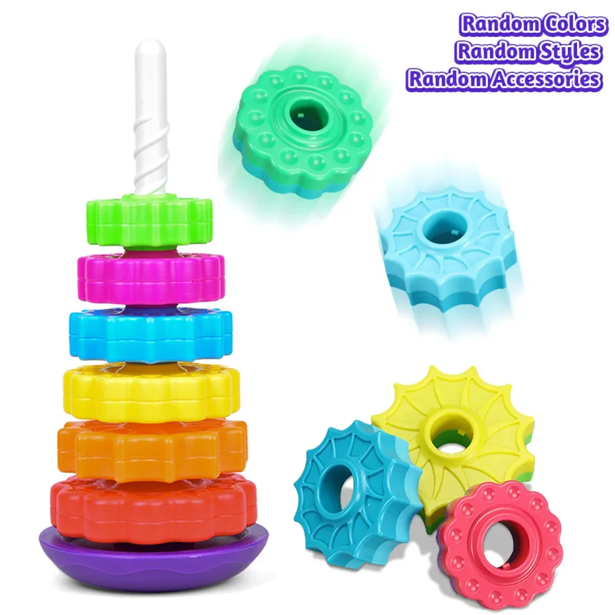 Kids Stacking Toys Spinning Rainbow Gears Toddler Montessori Educational Sensory Toys Circles Stacking Rainbow Wheel Ring