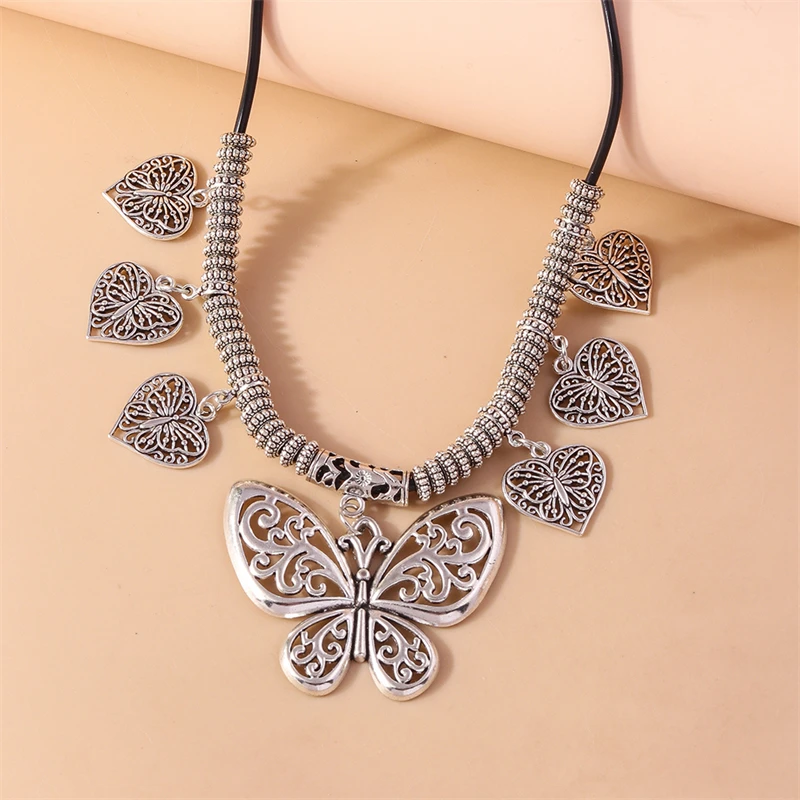 Bohemian Butterfly Necklace for Women Ethnic Alloy Love Heart Pendant Necklace Girls Party Festival Jewelry Gifts