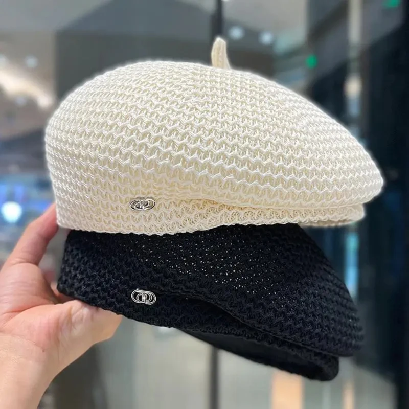 Women Fixed Pleated Straw Beret Summer Knit Breathable Big Artist Fashion Painter Hat