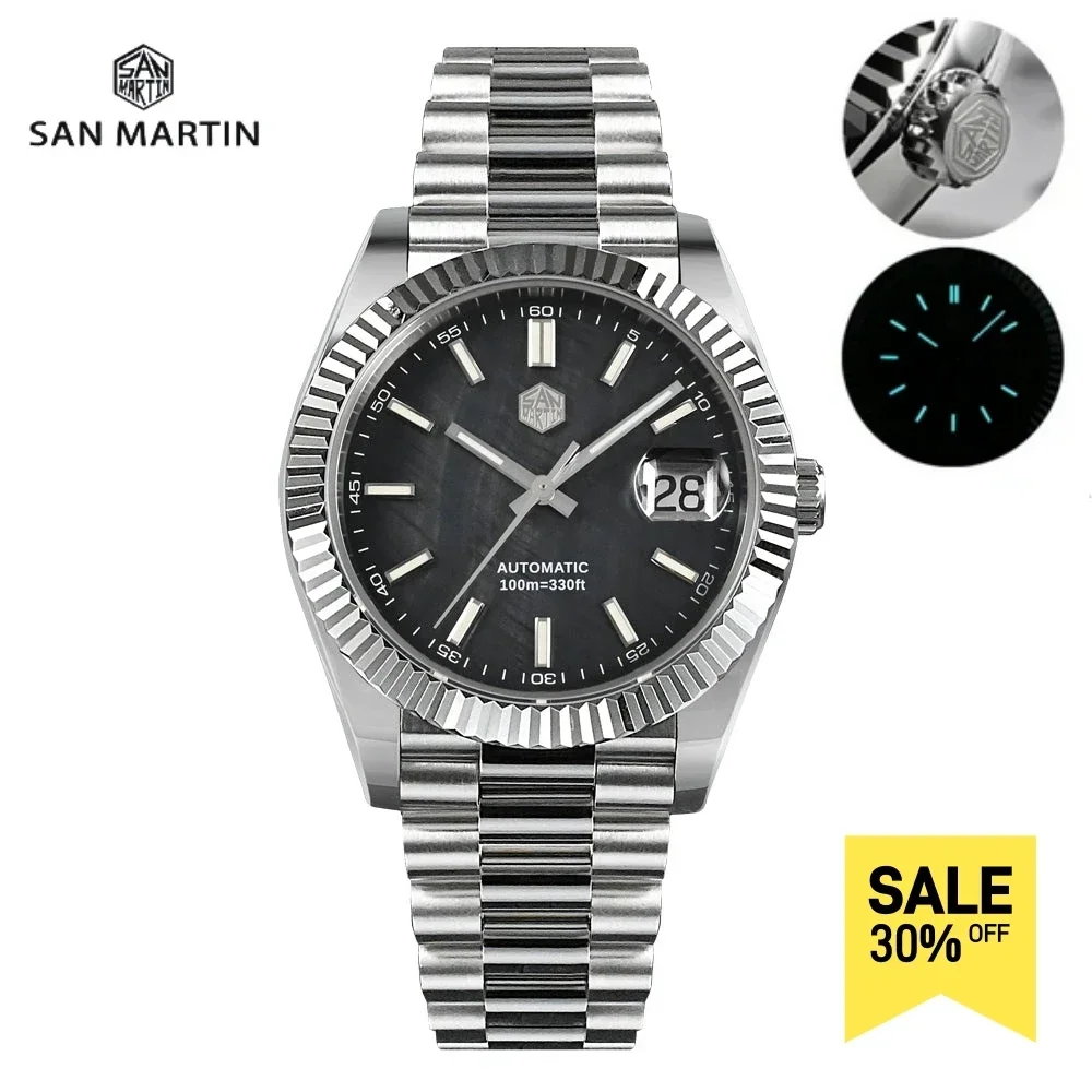 San Martin Men Watch 40mm Vintage MOP Dial Retro Business Luxury Sapphire PT5000 Automatic Mechanical Carving Fluted Bezel 10Bar