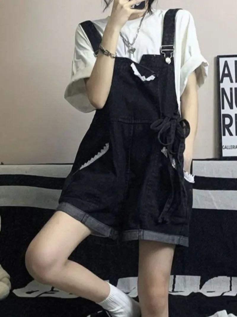 Japanese Denim High Waisted Rompers Kawaii Clothes Baggy Wide Leg Trousers Girlish Temper Casual Sweet Spliced Streetwear Women