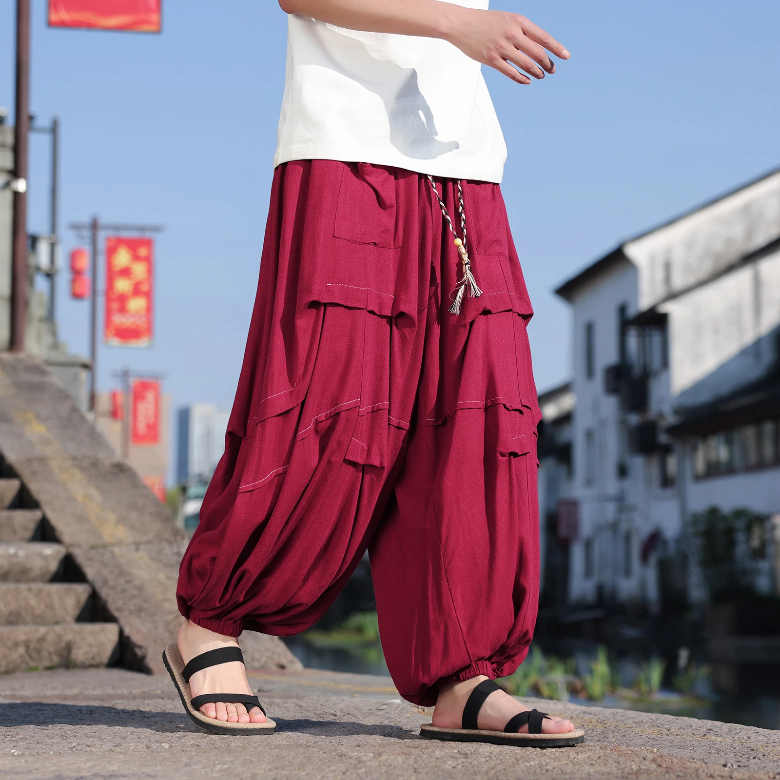 

Японские брюки-фонарики, свободные повседневные брюки-шаровары, дышащие, удобные, льняные, из ледяного шелка, свободный крой, широкие брюки, большие размеры 5XL