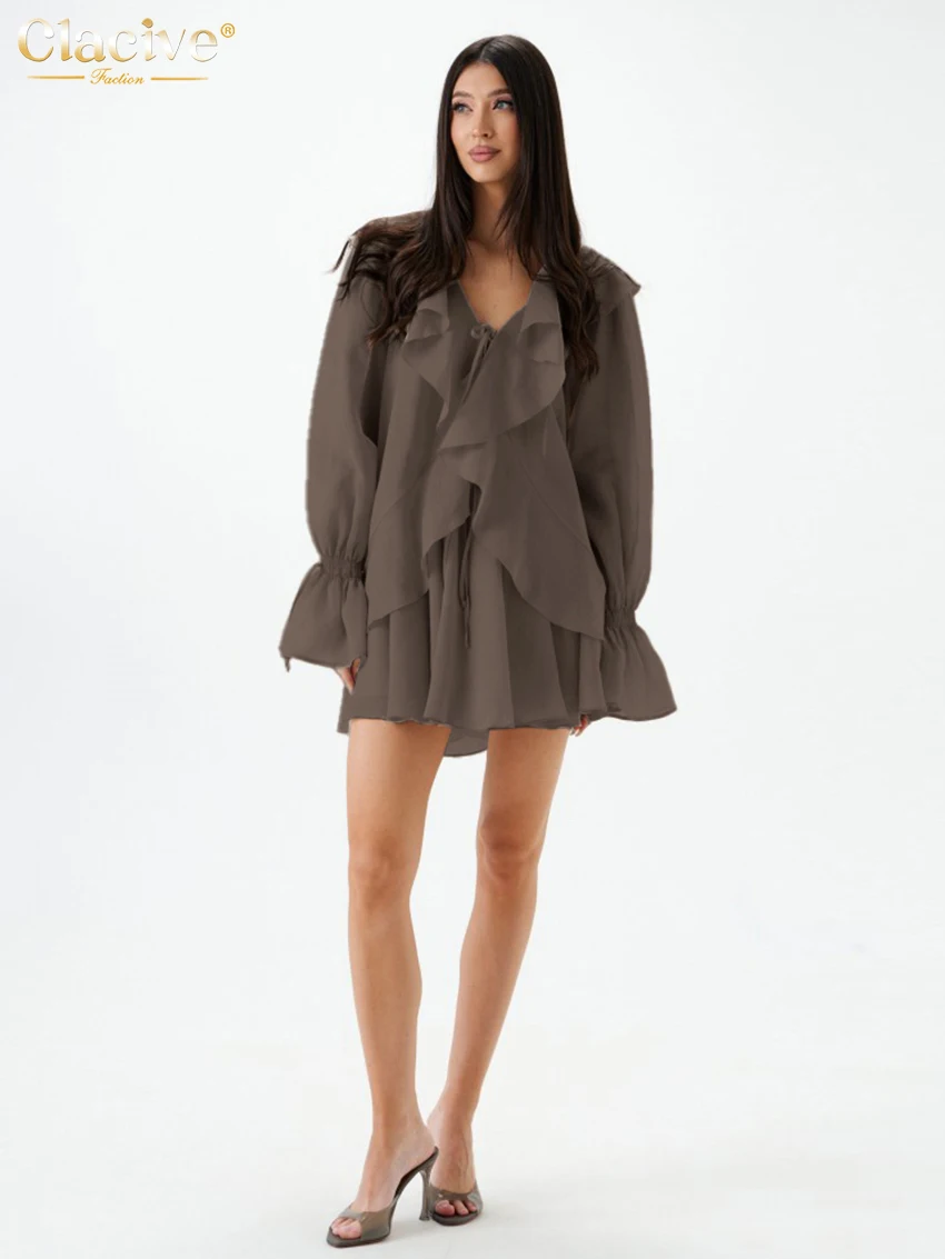 Clacive แฟชั่นหลวมผ้าฝ้ายสีน้ําตาล 2 ชิ้นชุดผู้หญิง 2025 เสื้อแขนยาวหรูหราเอวสูงจีบกระโปรงมินิชุด