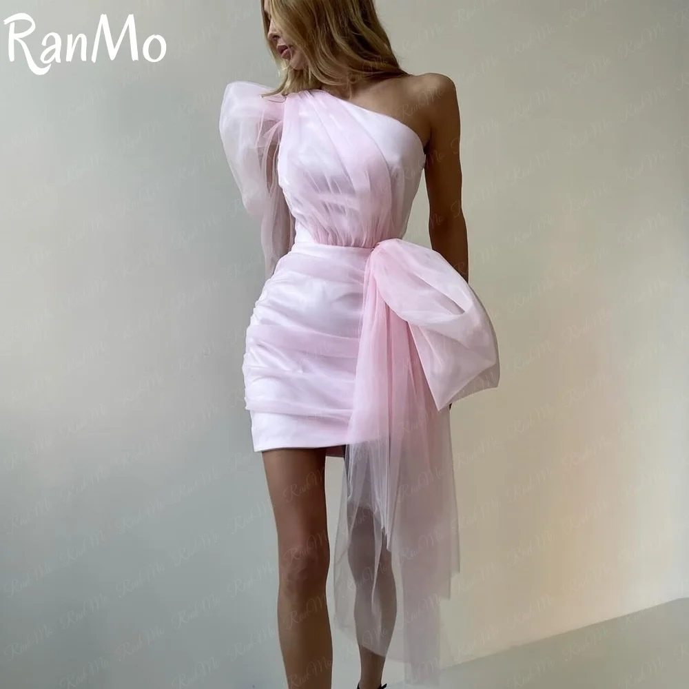 

Ranmo One Shoulder Short Evening Prom Dresses Wedding Photos Shoot Puff Sleeves Bow Pink Evening Gowns Customized Formal Dresses