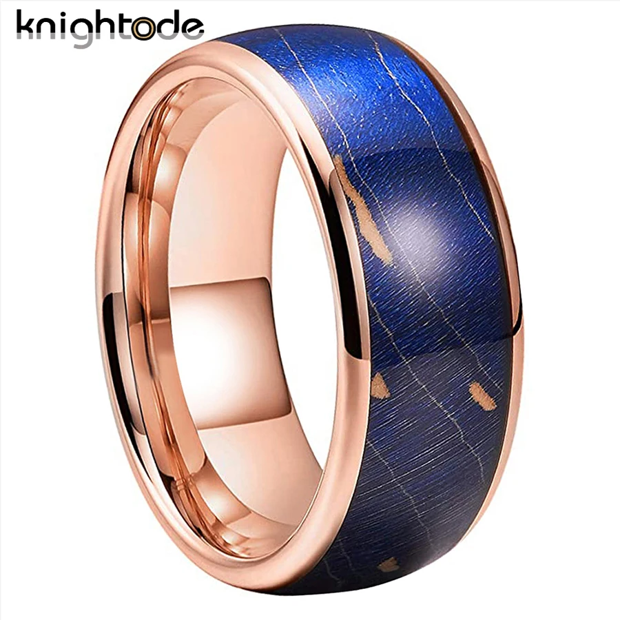 

8mm Blue Solidified Wood Inlay Tungsten Carbide Rings For Men Women Wedding Band Dome Polished Comfort Fit