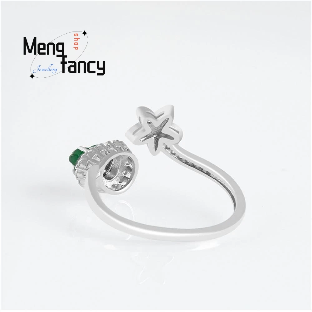S925 Silver Inlaid Natural A-goods Jadeite Gourd Sunny Green Ice Jade Ring Adjustable Exquisite Elegant Fashion Luxury Jewelry