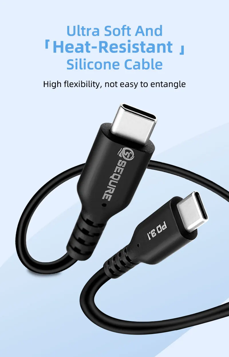 SEQURE 1.5M PD3.1 Extra Soft Silicone Wire Supports 240W Power for HT140 Anti-scalding Resistant to High Temperatures of 500℃