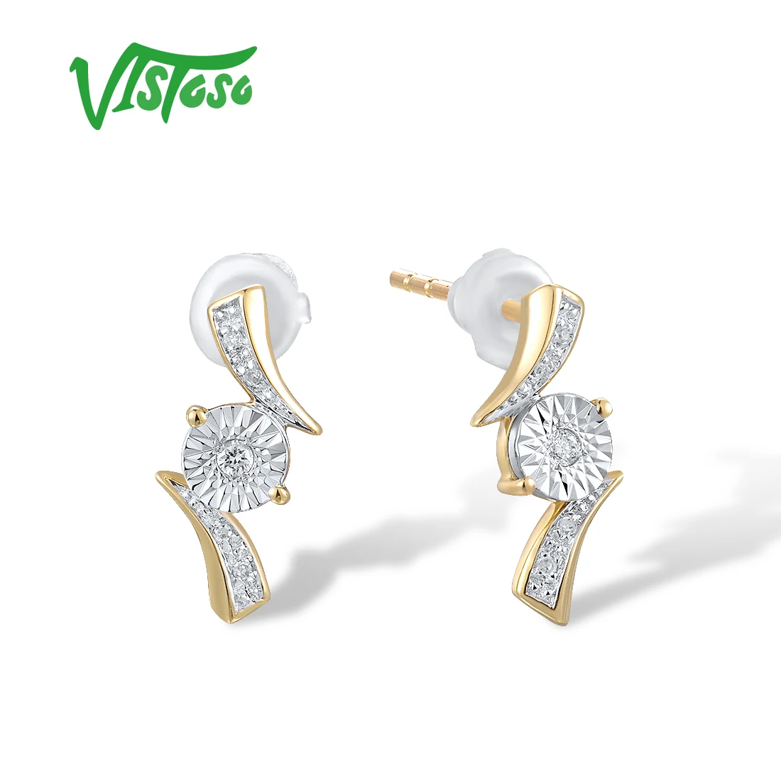 VISTOSO Genuine 9K 375 Two Tone Gold Stud Earrings For Women Sparkling Diamond Wedding Anniversary Simple Fashion Fine Jewelry