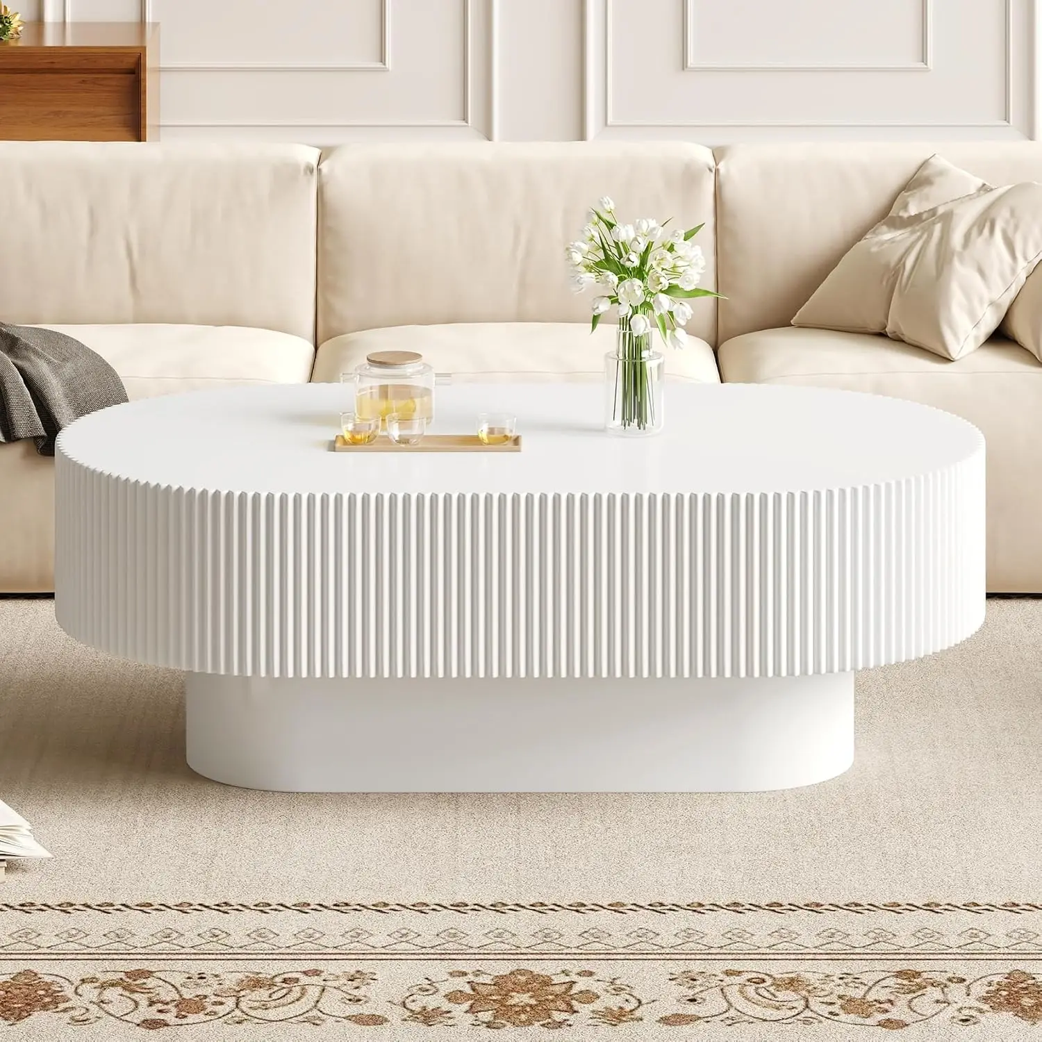 Oval Fluted Coffee Table With Thick Top & Base, White, Customized