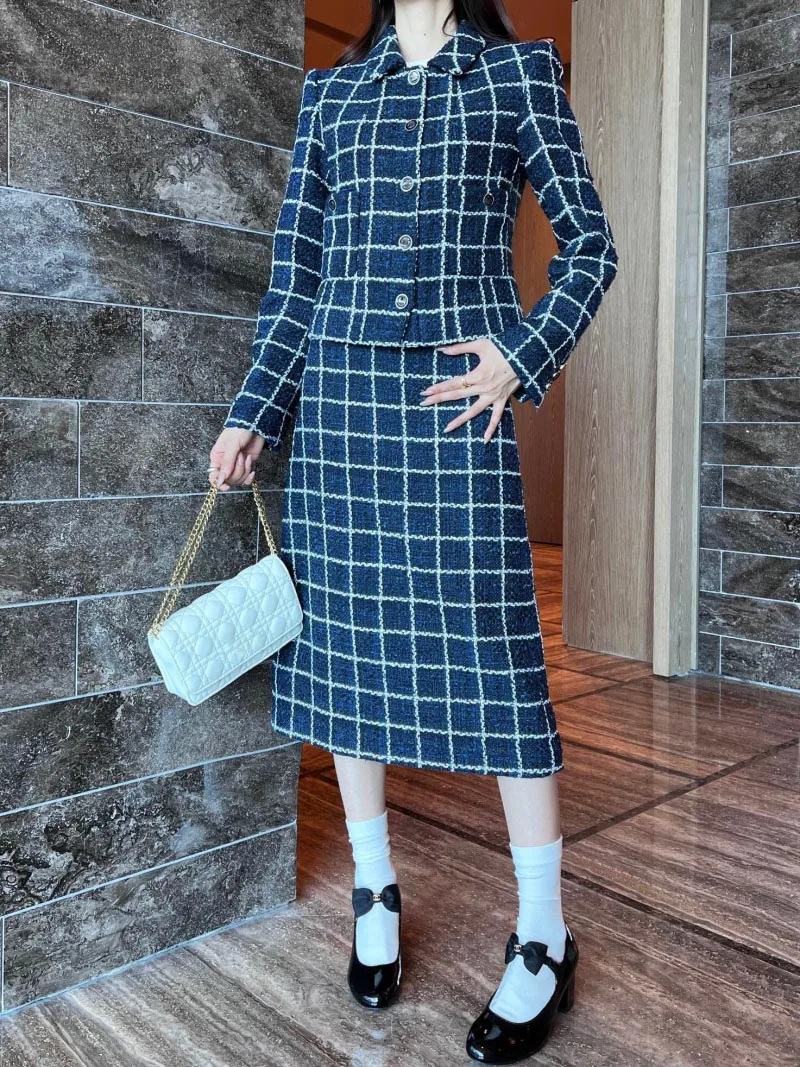 2025 Spring New Women's Suit Fashionable and Exquisite Long Sleeve Suit Collar Single breasted Checkered Linen Jacket+Skirt