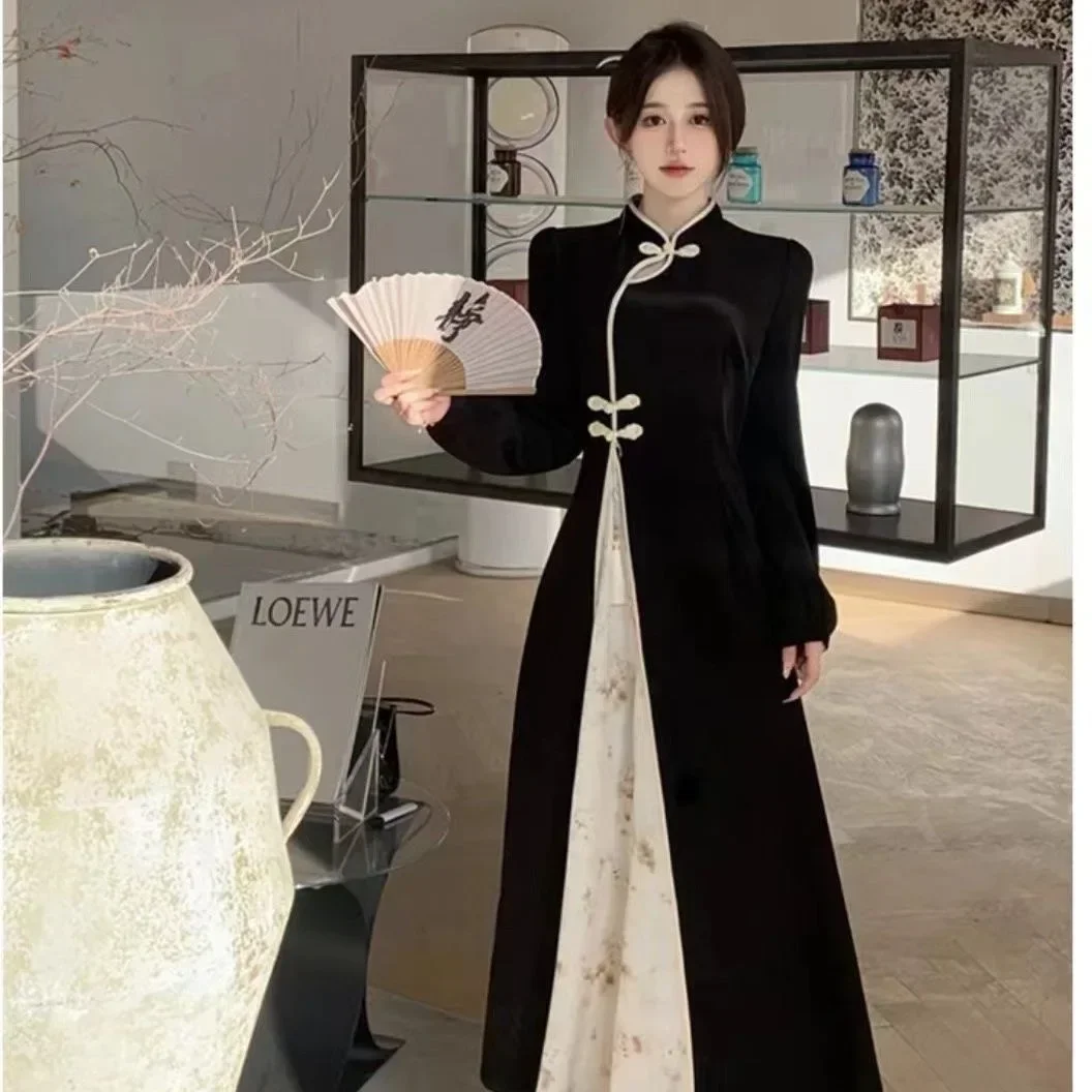 

Modern Qipao Improved Cheongsam Chinese Dress Traditional Women's Clothing Autumn Winter Dark Patterned Jacquard Long Sleeve