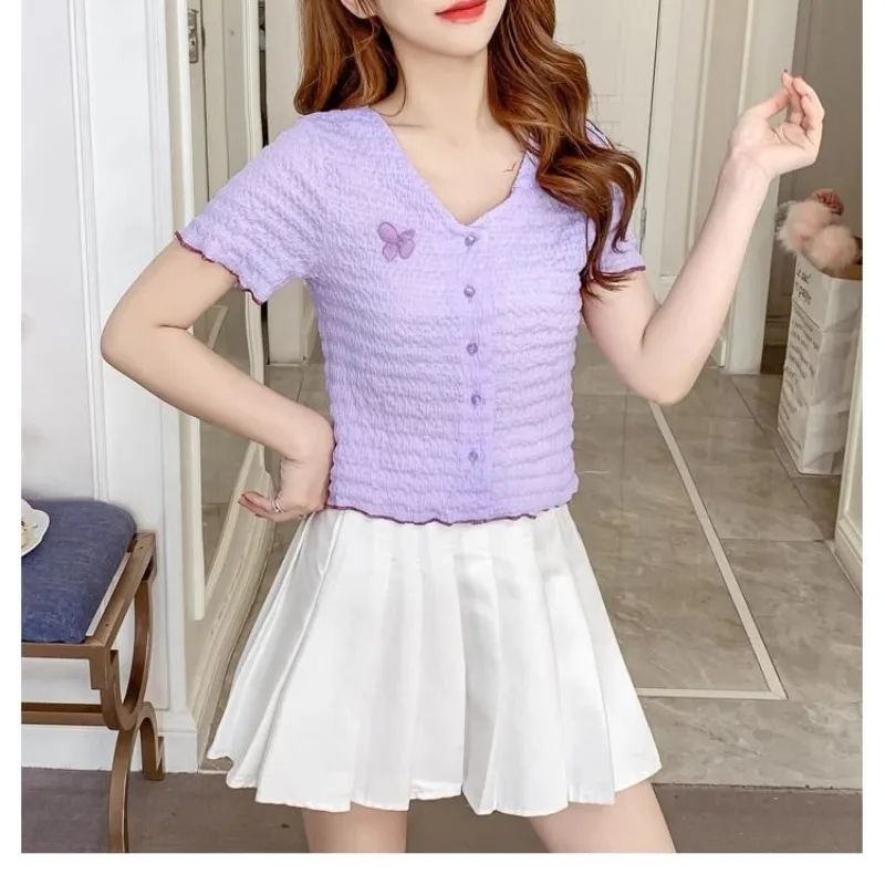 

2024 Summer New Sweet Cardigan Button Shorts Contrast Color Bow V-neck Ruched Short Sleeve Slim Flattering T-shirts Women's Tops