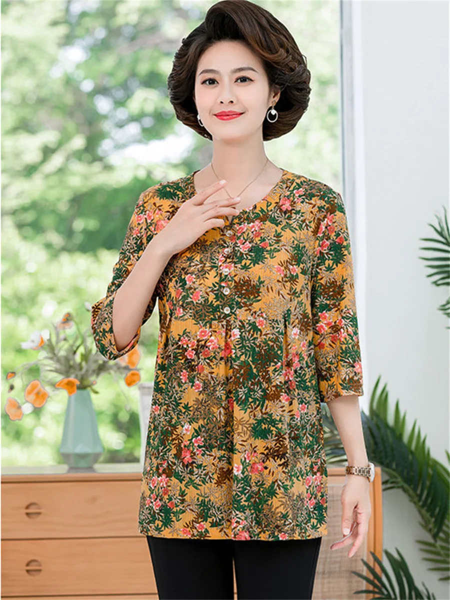 5XL Women Spring Summer Blouses Shirts Lady Fashion Casual Half Sleeve O-Neck Collar Flower Printing Blusas Tops G2145