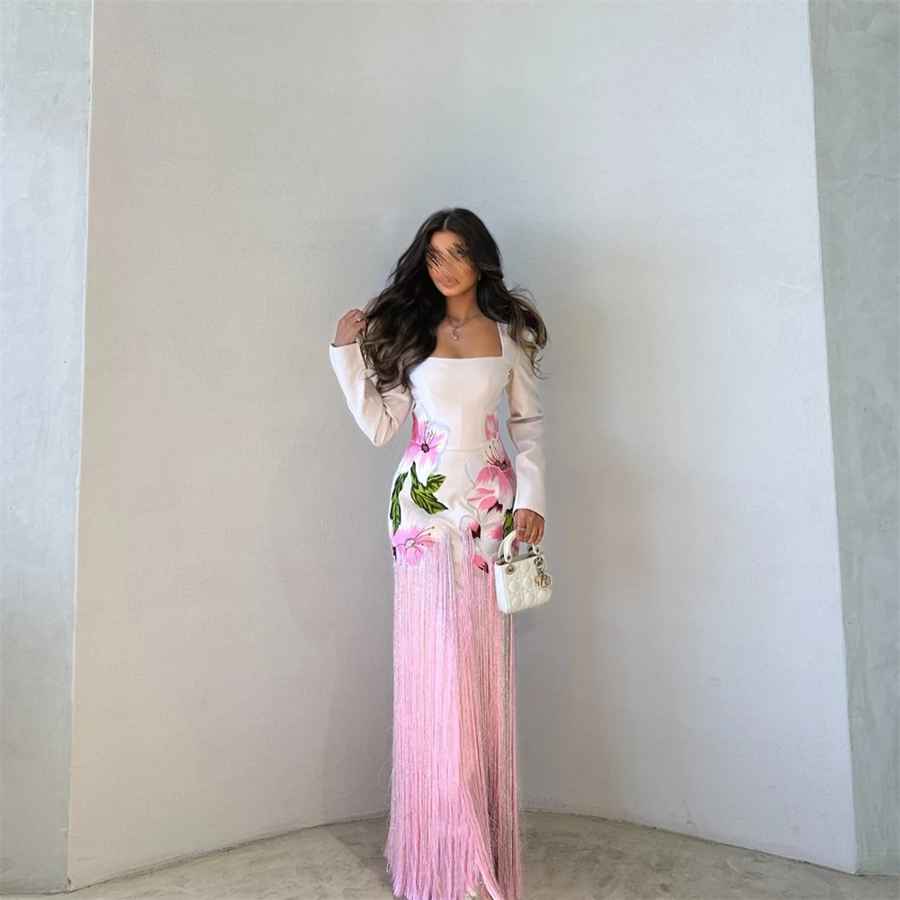 فساتين سهرة جيرسي ساحرة مخصصة، ياقة مربعة رائعة وأكمام طويلة، فستان العودة للوطن، فساتين مناسبة خاصة