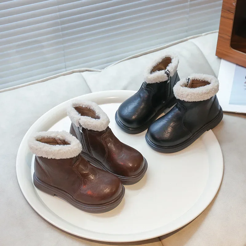 New Baby Ankle Boots Autumn Winter with Fleece Lining Soft Soles Girls Non-slip Warm PU Leather Boots Kids Children Casual Shoes