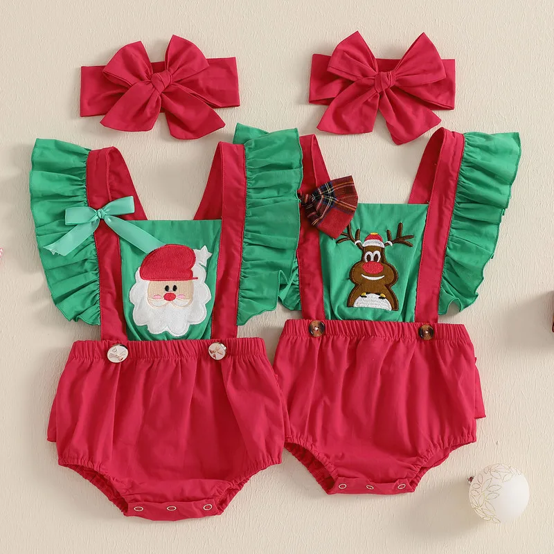 

0 to 18 Months Christmas Baby Girls Sleeveless Bodysuit Flying Sleeve Santa Claus/Elk Embroidery Jumpsuit with Headband