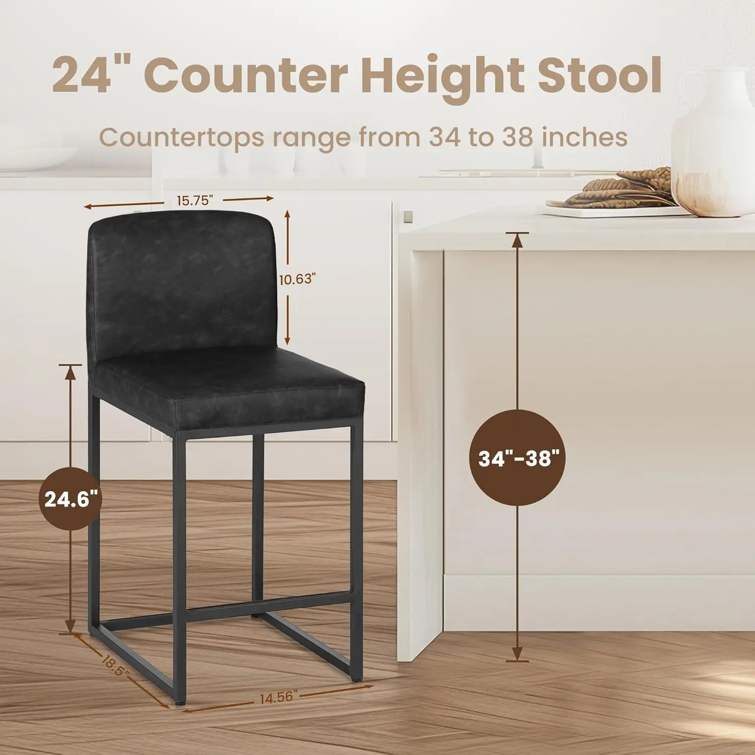 PHI VILLA Counter Height Bar Stool - 24'' Bar Stools Set of 2 Pu Leather Kitchen Modern Bar Stools with Back