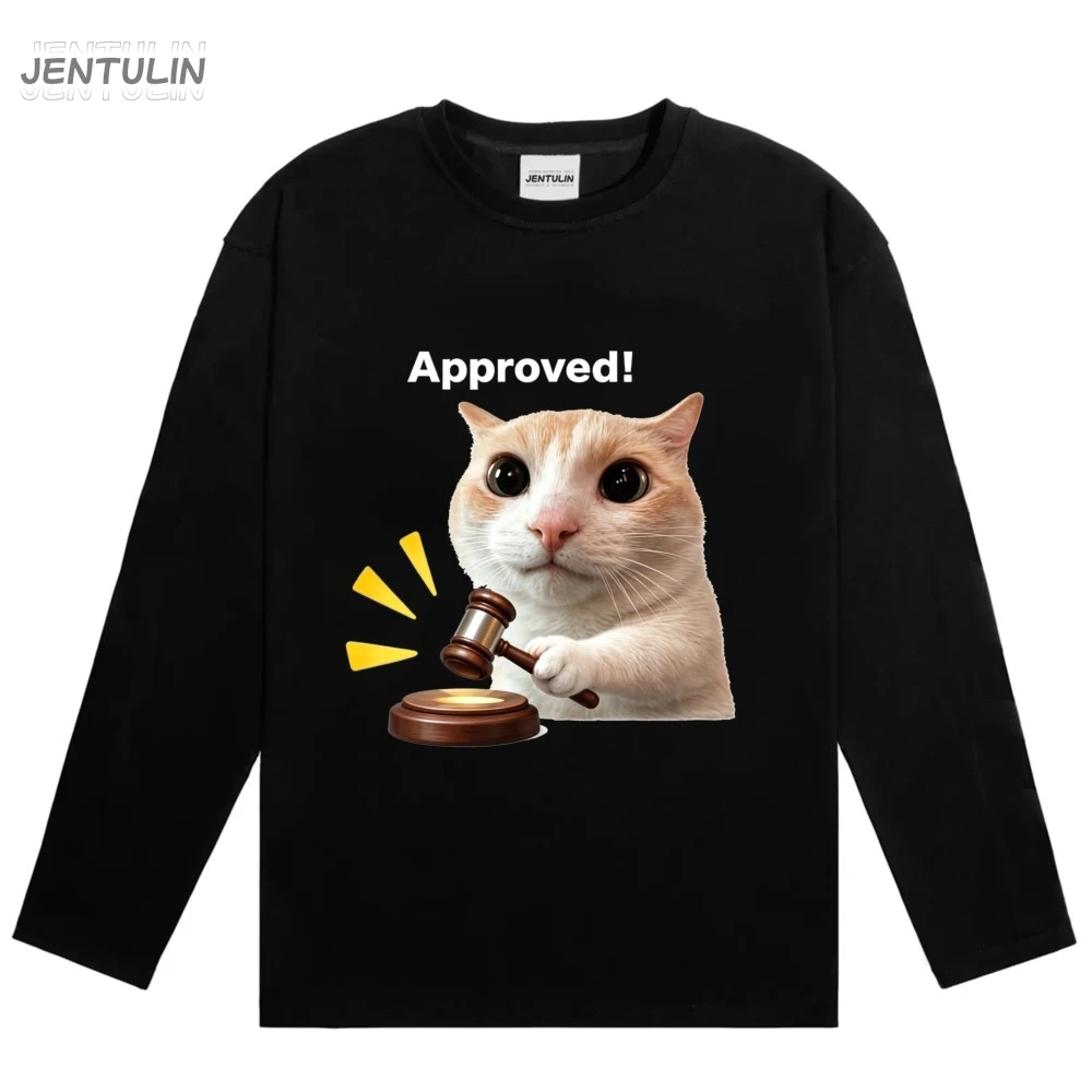 Unisex Long Sleeve T Shirt Approved Cat Meme Graphic Top Funny Judge Cat Print Oversized Crew Neck Streetwear Long Sleeve Tee