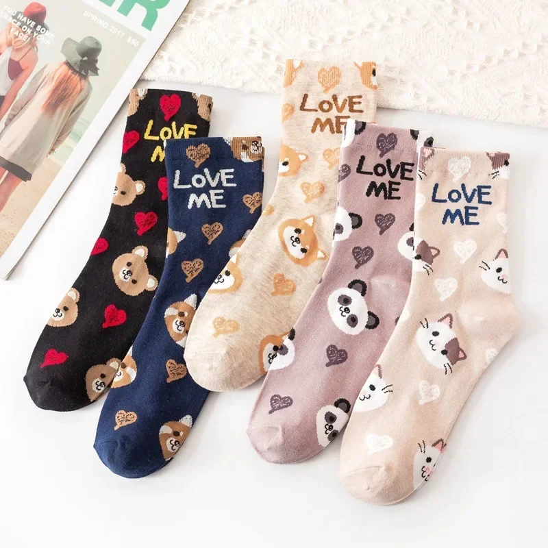 Calcetines de dibujos animados Kawaii para mujer, medias de animales, zorro, perro, gato, oso, ardilla, conejo, arte divertido, alta calidad, gran