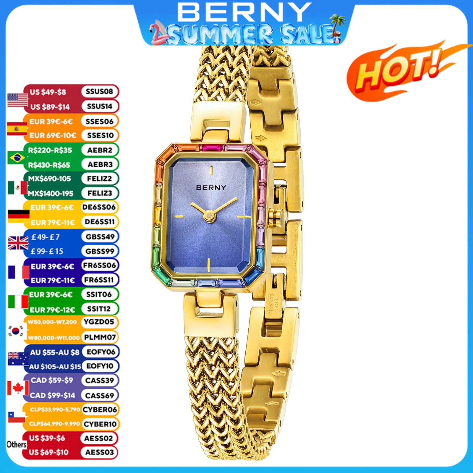 

BERNY Women's Gold Watch Quartz Luxury Waterproof Fashion Jewelry Women Watches Ladies Elegant Stainless Steel Strap Time Watch