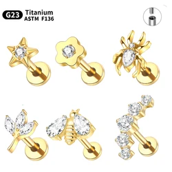 1PC ASTM F136 Titanium CZ Star Flower Spider Flat Back Stud Earring Helix Cartilage Monroe Medusa Tragus Piercing Nose Jewelry
