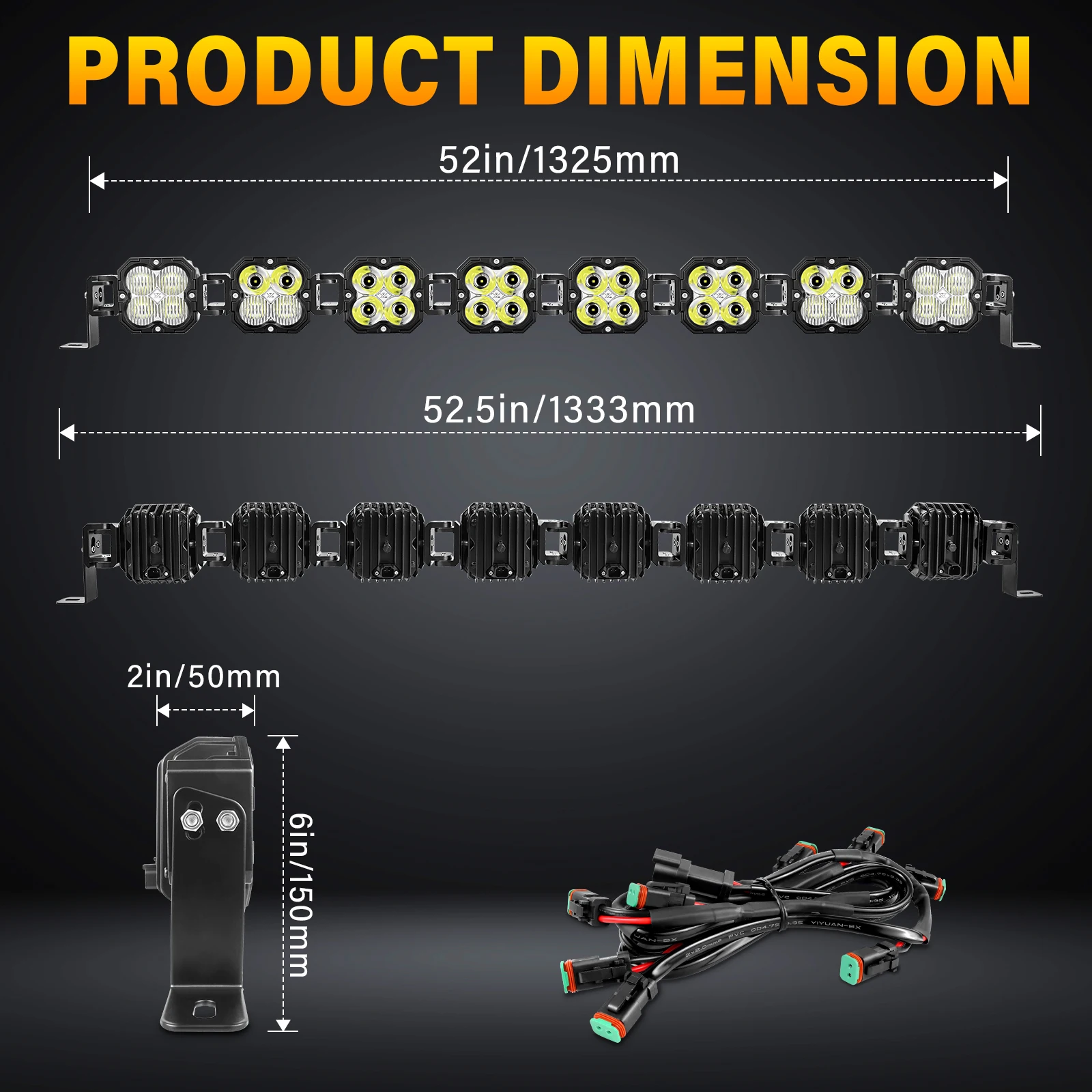 Auxtings 52 Inch 240W Linkable LED Light Bar, Cube Pod Lights, Flood/Spot/Combo Beam White/Amber/Yellow Offroad Driving