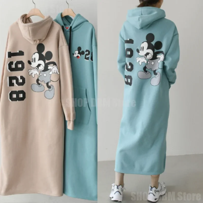 Disney Mickey Mouse Spring Autumn Sweatshirt Long-Sleeved Dress Woman Clothing Hooded Collar Pocket Simple Lady Dress Sweatshirt