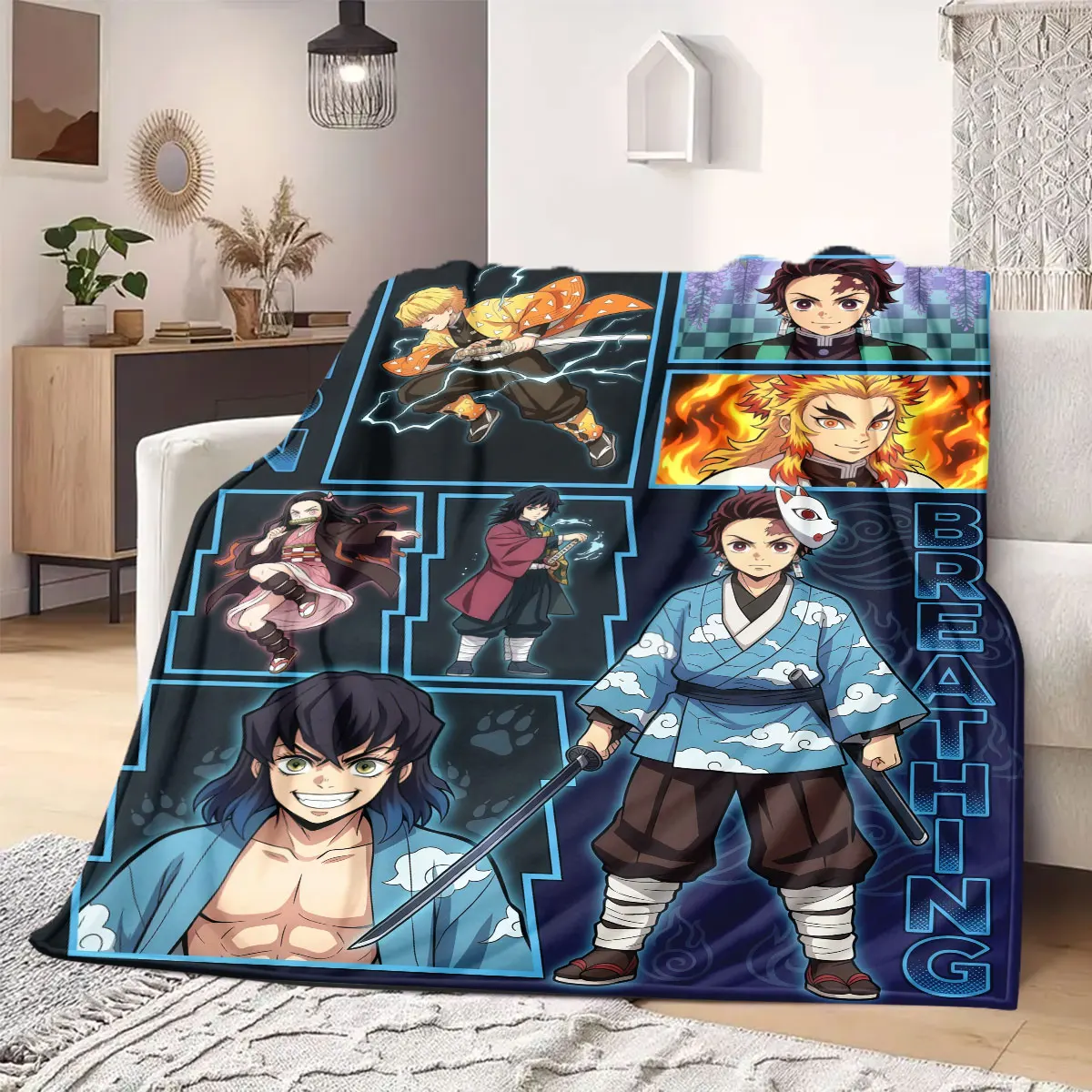 Demon Slayer Bright Cartoon Flannel Blanket, Printed Style for Sofa Bed, Comfortable Bedroom Decor, Outdoor Picnic Use_LIAN