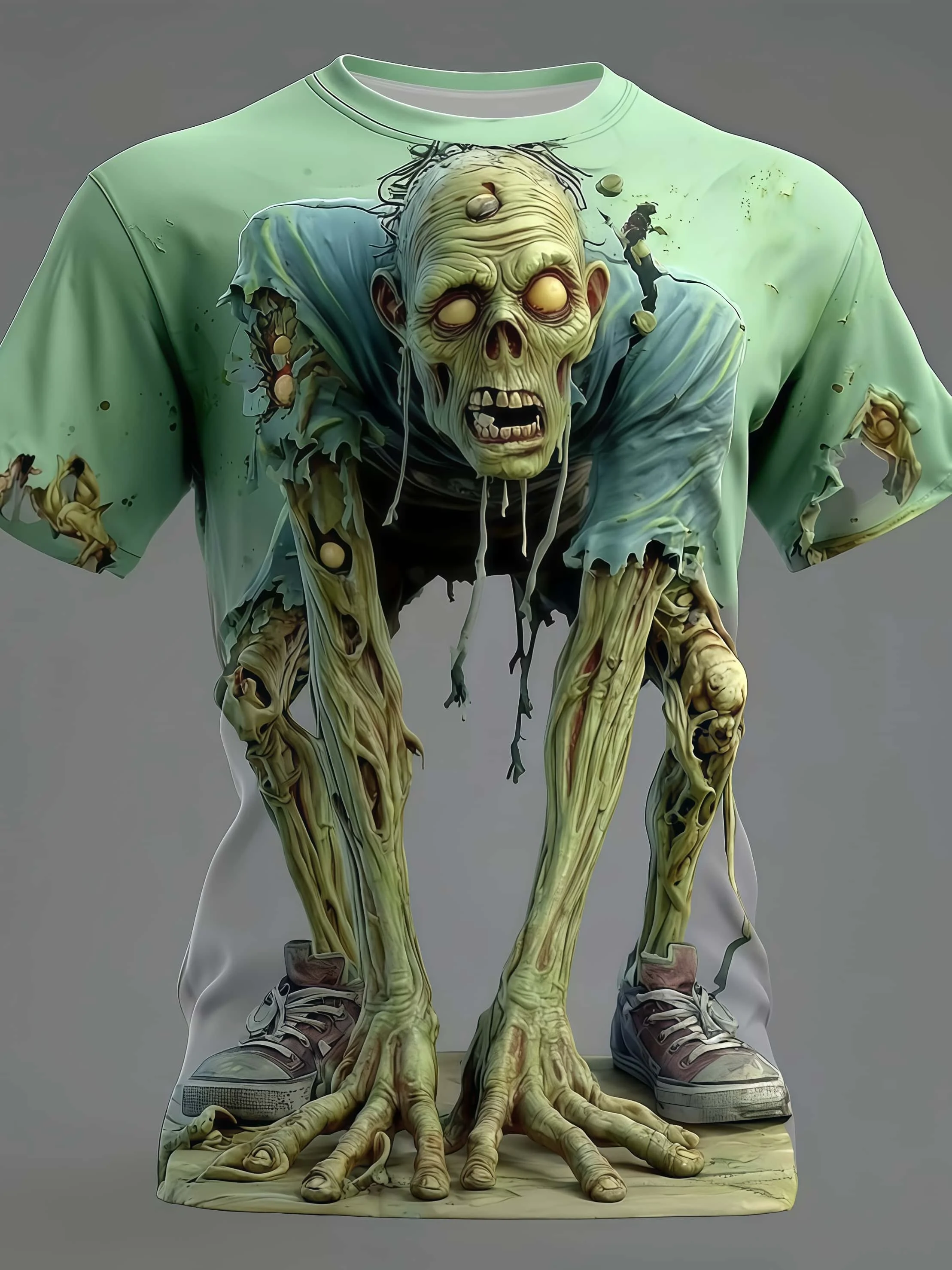 Halloween Night Scary Zombie Pattern Creative 3D Printed Round Neck Short Sleeve Theme Party Funny Personality Loose Dressing