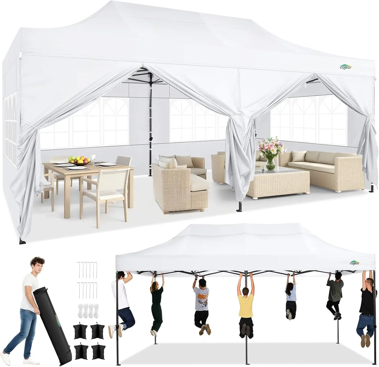 

10x20 Heavy Duty Pop Up Canopy Tent with 6 Sidewalls Thicken Frame, Commercial Easy Up Outdoor Wedding Party Tents, All Seaso