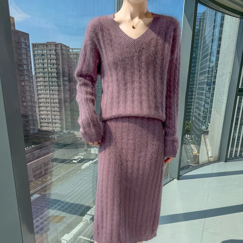 冬のミンクウールセータースカートツーピースレディースラウンドネックツイスト長袖セータースカートルーズカシミヤセータースーツ