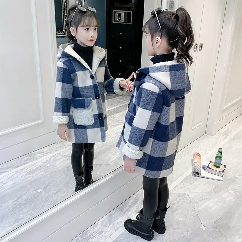 Autumn Winter Girls Hairy Coat Fashion Design Long Coat for Girls Kids Outerwear Grid Pattern Warm Winter Jacket Coats 4-12T