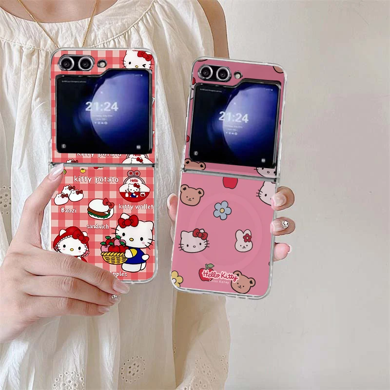Custodia magnetica per telefono con ricarica wireless Hello Kitty Angel Magsafe per Samsung Z Flip 7 6 5 Galaxy Z Flip 3 4 Cover trasparente