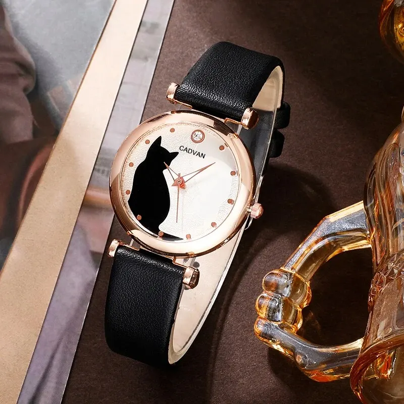 6PCS Set Women Fashion Quartz Watch Female Clock Cute Cat Dial Luxury Brand Design Ladies Leather Wrist Watch Montre Femme image 4