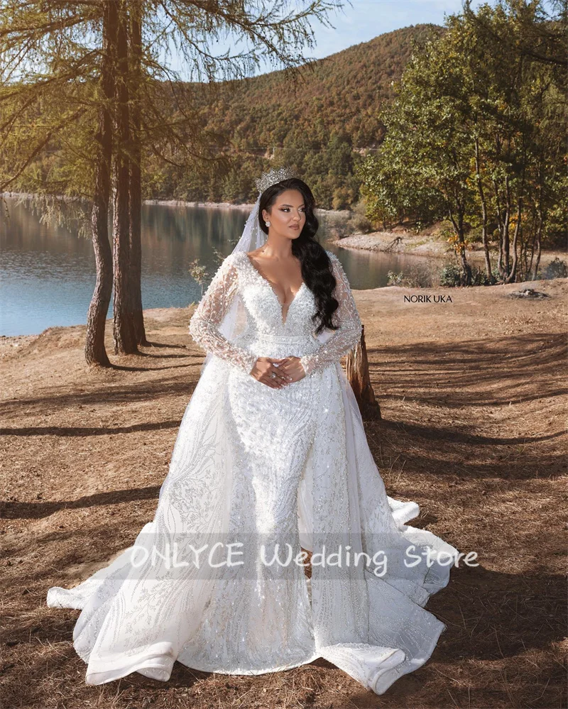 Glitter ชุดแต่งงาน 2024 ที่ถอดออกได้รถไฟ Veil ชุดเจ้าสาวแขนยาว Robe ไข่มุกลูกปัดคริสตัล Vestidos ที่กําหนดเอง