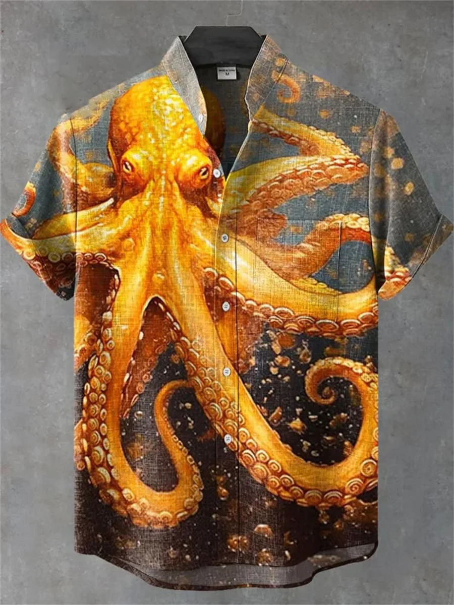 2025 new men's retro linen stand collar short-sleeved shirt, animal octopus pattern print, comfortable and casual men's tops