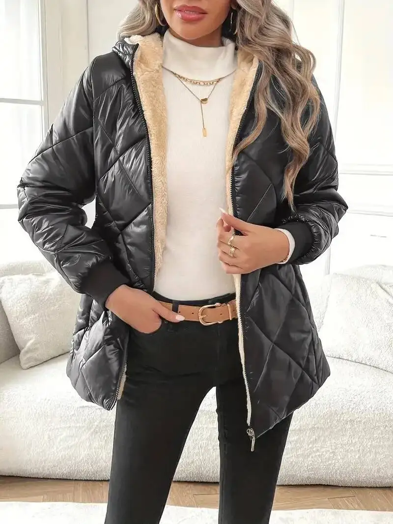 Winter Outerwear Long Sleeve Diamond Pattern Cotton Jacket Women's Elegant Commute Style Thickened Polyester Fiber Coat
