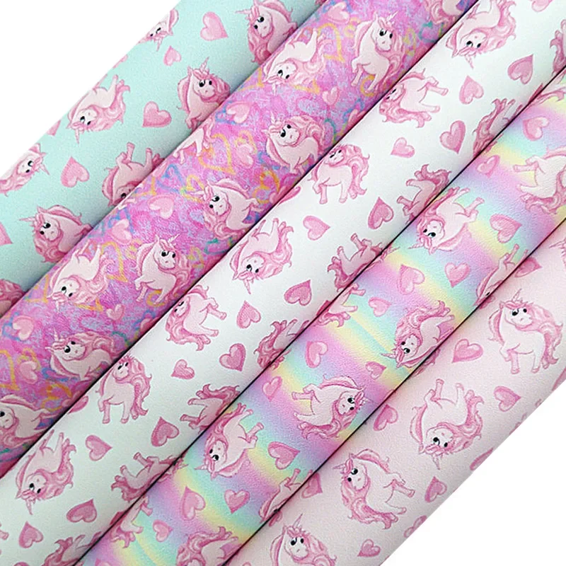 Pink Unicorns Printed Synthetic Leather, Felt Backing Faux Leather Fabric Sheets for DIY Bows Bags 21x29cm A4 size MB534