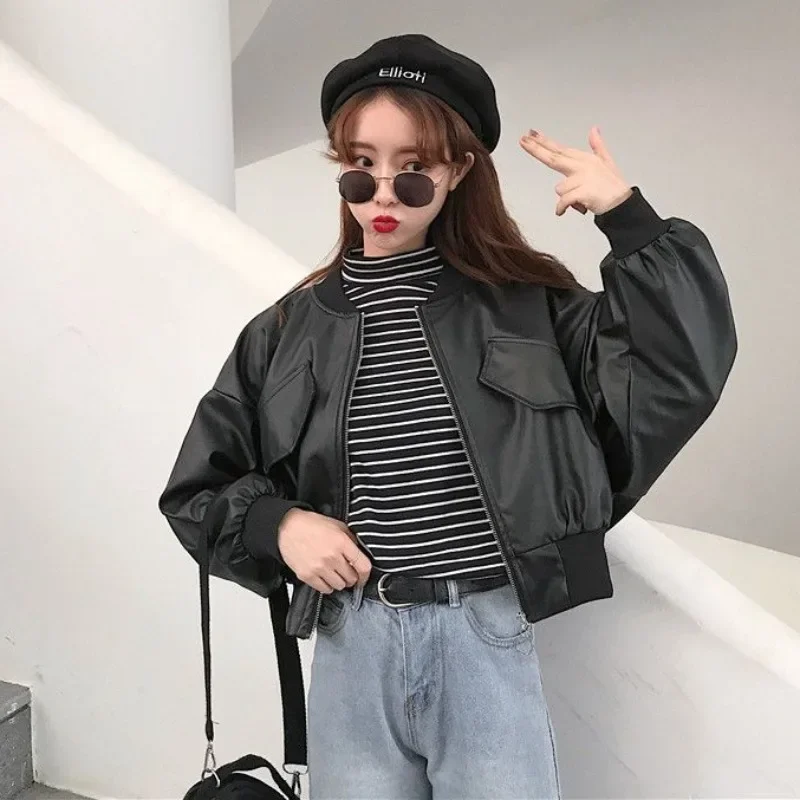 

Куртки женские из искусственной кожи, винтажные, однотонные, с длинным рукавом, Лидер продаж, весна-осень, прямые, универсальные, популярная одежда, уличная одежда